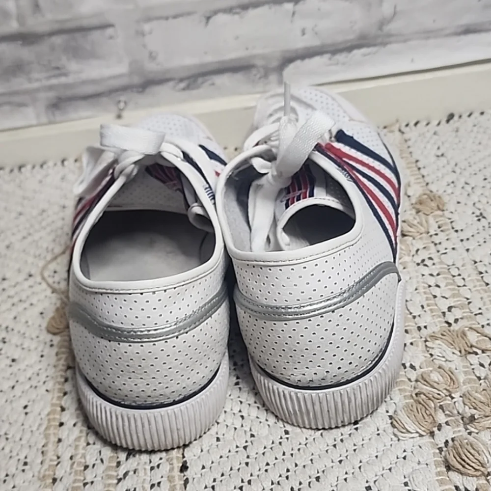 K Swiss Classic Red Blue Stripe White Sneakers Tennis Shoes - Picture 8 of 13